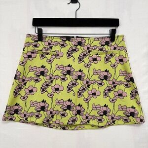 Zara Skirt Womens M Lime Green Pink Floral Jacquard Mini A-Line Zip Back